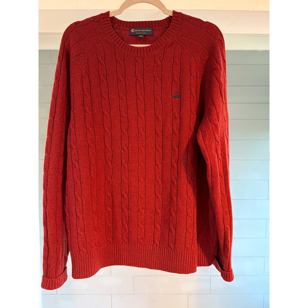 Brooks Brothers Mens Red Merino Wool Italian Yarn Cable Knit Sweater Large